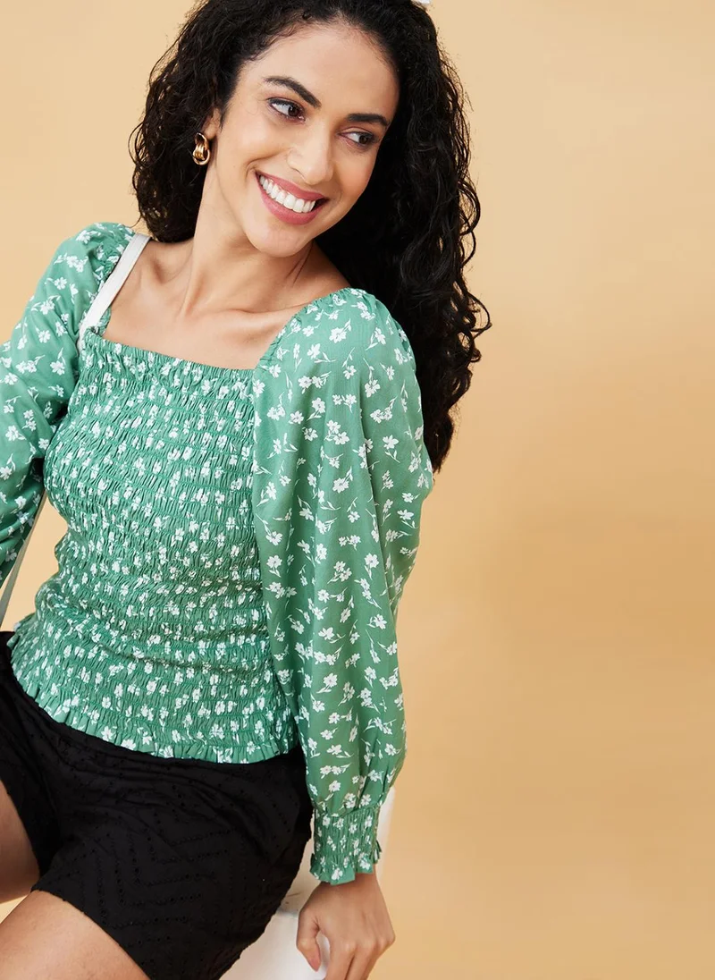 globus Globus Women Green Floral Printed Puff Sleeve Top